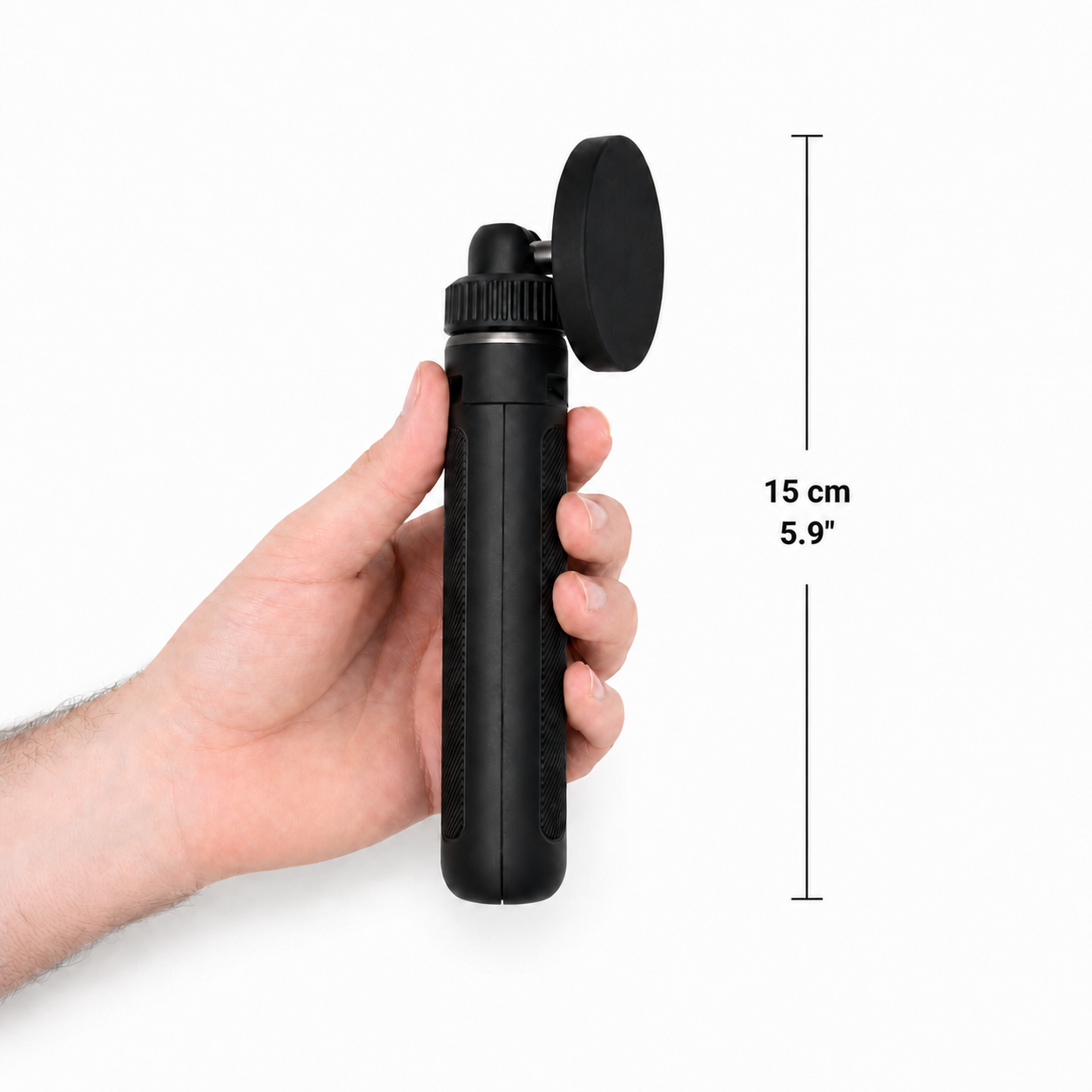 CarryRise folded stand held in hand measuring 15 cm