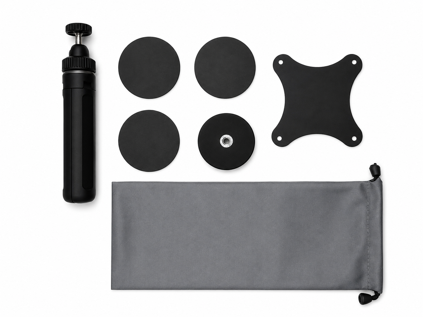 CarryRise stand kit with magnetic pads, mounting plate, and travel pouch